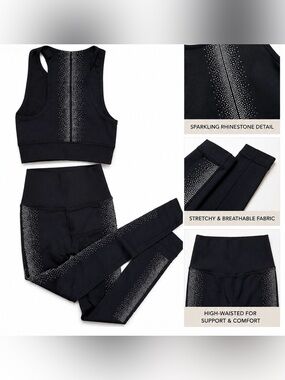 Fabletics XS Black Activewear Set Rhinestone Leggings & Sports Bra Gym Set